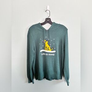 LIFE IS GOOD Green Hooded Sweater Winter Dog Christmas Holiday Sz L Pullover
